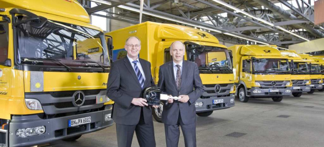 Go Yellow: Zehn Mercedes-Benz Atego Hybrid an DHL übergeben: Atego Hybrid ist europaweit erster Serien-Hybrid-Lkw