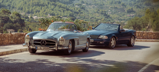 Eleganter Paarlauf: Sonniger Sternen-Kult: Mercedes SL 600 trifft 300 SL Roadster